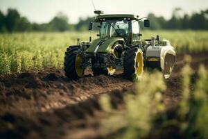 Traktor düngen ein Feld. Zukunft Technologie mit Landwirtschaft Landwirtschaft Konzept. generativ ai foto