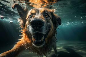 unter Wasser komisch Foto von Hund, tauchen tief runter. Sommer- Ferien mit Haustier. Nahansicht unter Wasser Foto von ein Hund. generativ ai Illustration