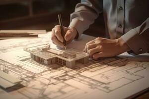 Architekt Arbeiten mit Modell- von Haus während Denken Über Konzept von Projekt. generativ ai foto