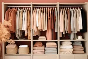 minimalistisch monochromatisch Kleiderschrank. Wandschrank gefüllt mit Kleidung, ordentlich organisiert. generativ ai foto