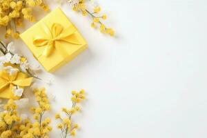 Gelb Geschenke Kisten auf Weiß Hintergrund mit Blumen und Geäst. generativ ai foto