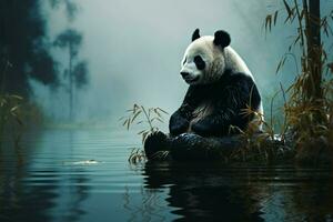 Abbildungen von Pandas Sitzung durch ein neblig Wald Teich auf ein Flussufer ai generiert foto