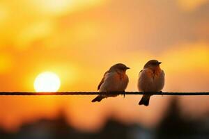 Vögel verschwommen Silhouetten auf Kabel, Sonnenuntergang Farbtöne, liebt poetisch Panorama ai generiert foto