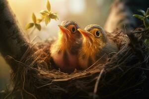 Baby Vögel im das Nest auf Natur Hintergrund. ai generiert. Profi Bild foto