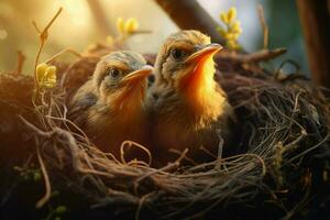 Baby Vögel im das Nest auf Natur Hintergrund. ai generiert. Profi Bild foto