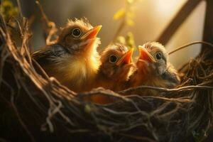 Baby Vögel im das Nest auf Natur Hintergrund. ai generiert. Profi Bild foto