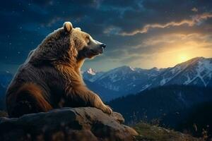 ein Bär ist Sitzung auf das oben von ein Berg. ai generiert Profi Foto