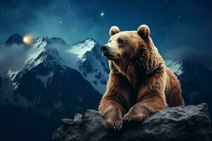 ein Bär ist Sitzung auf das oben von ein Berg. ai generiert Profi Foto