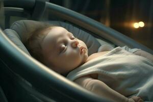 süß wenig Baby Schlafen im ein Baby Auto Sitz beim heim. ai generiert Profi Foto