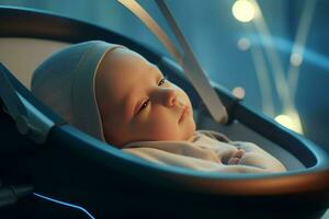 süß wenig Baby Schlafen im ein Baby Auto Sitz beim heim. ai generiert Profi Foto