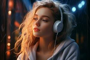 schön jung Frau mit Kopfhörer Hören zu Musik. Porträt von ein schön blond Mädchen im Kopfhörer. ai generiert Profi Foto
