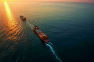 Antenne Aussicht von Ladung Schiff mit Container im Meer beim Sonnenuntergang. ai generiert Profi Foto