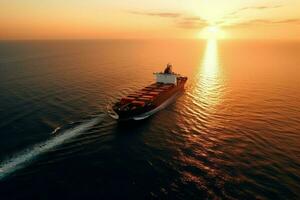 Antenne Aussicht von Ladung Schiff mit Container im Meer beim Sonnenuntergang. ai generiert Profi Foto