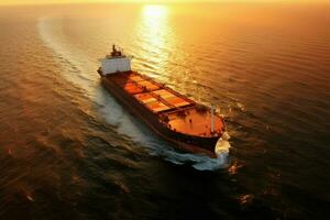 Antenne Aussicht von Ladung Schiff mit Container im Meer beim Sonnenuntergang. ai generiert Profi Foto