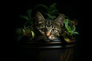 Porträt von ein süß Katze im ein Topf auf ein schwarz Hintergrund. ai generiert Profi Foto