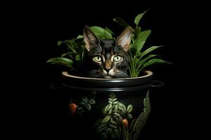 Porträt von ein süß Katze im ein Topf auf ein schwarz Hintergrund. ai generiert Profi Foto