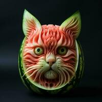 komisch Gesicht von Wassermelone mit Grün Augen auf schwarz Hintergrund. ai generiert Profi Foto