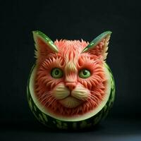 komisch Gesicht von Wassermelone mit Grün Augen auf schwarz Hintergrund. ai generiert Profi Foto