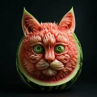 komisch Gesicht von Wassermelone mit Grün Augen auf schwarz Hintergrund. ai generiert Profi Foto