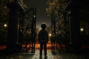 zurück Aussicht von ein Junge Stehen im Vorderseite von ein Tor. ai generiert Profi Foto
