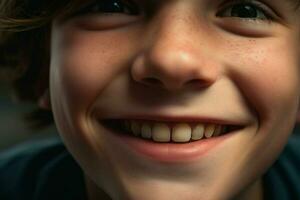 Porträt von ein süß lächelnd wenig Junge. Nahansicht. ai generiert Profi Foto