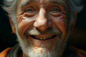 Nahansicht Porträt von ein glücklich Senior Mann mit Weiß Bart. ai generiert Profi Foto