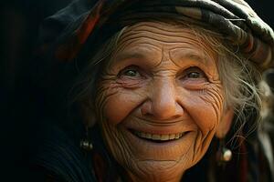 Porträt von ein lächelnd Senior Frau. Fokus auf das Augen. ai generiert Profi Foto