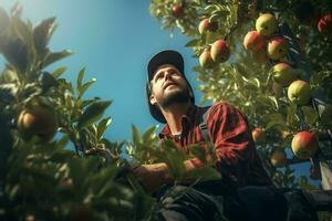 Farmer Ernte Äpfel im Obstgarten auf sonnig Tag. männlich Gärtner pflücken Äpfel im Obstgarten. ai generiert Profi Foto