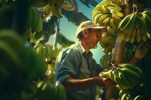 Farmer Arbeiten im ein Banane Plantage, Ernte von reif Bananen. ai generiert Profi Foto