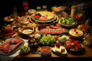Auswahl von Käse, Fleisch, Früchte und Gemüse auf ein hölzern Tisch. ai generiert Profi Foto