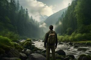 Mann mit ein Rucksack Stehen im das Mitte von ein Berg Fluss. ai generiert Profi Foto