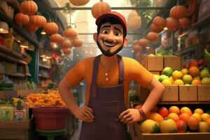 ein Karikatur Charakter im ein Lebensmittelgeschäft Geschäft Verkauf Frucht. ai generiert Profi Foto