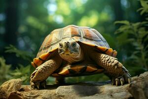 afrikanisch angespornt Schildkröte Geochelone Sulcata auf Sand. ai generiert Profi Foto