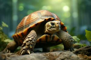 afrikanisch angespornt Schildkröte Geochelone Sulcata auf Sand. ai generiert Profi Foto