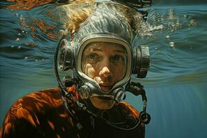 Porträt von ein Taucher unter das Meer. ai generiert Profi Foto