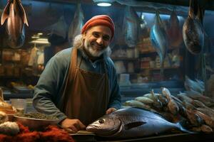 Porträt von ein lächelnd mittleren Alters Mann Verkauf frisch Fisch im ein Fisch Geschäft. ai generiert foto