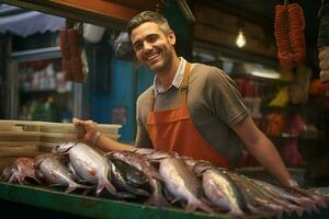 Porträt von ein lächelnd mittleren Alters Mann Verkauf frisch Fisch im ein Fisch Geschäft. ai generiert foto