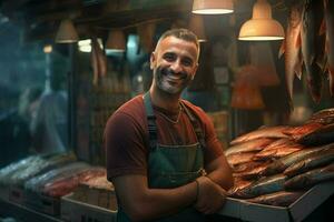 Porträt von ein lächelnd mittleren Alters Mann Verkauf frisch Fisch im ein Fisch Geschäft. ai generiert foto