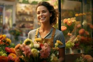 Porträt von ein lächelnd famale Florist Stehen im Blume Geschäft. ai generiert Profi Foto