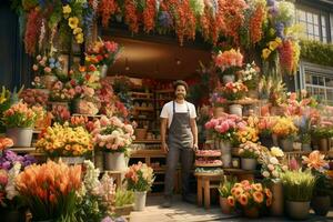 Porträt von ein lächelnd männlich Florist Stehen im Blume Geschäft. ai generiert Profi Foto