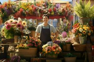 Porträt von ein lächelnd männlich Florist Stehen im Blume Geschäft. ai generiert Profi Foto