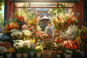 Porträt von ein lächelnd männlich Florist Stehen im Blume Geschäft. ai generiert Profi Foto