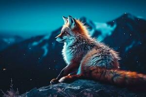 schön Fuchs auf das Hintergrund von das Nacht Himmel und Berge. ai generiert Profi Foto