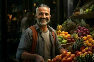 Porträt von ein lächelnd Mann Verkauf Früchte im ein Obst Geschäft. ai generiert Profi Foto