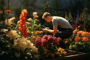 männlich Florist Arbeiten im Blume Geschäft. Blume Geschäft Konzept. ai generiert Profi Foto