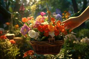 Florist halten Korb mit schön Strauß von Frühling Blumen im Garten. ai generiert Profi Foto