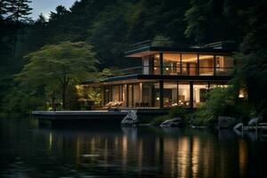 Nacht Aussicht von japanisch Haus durch das See mit Betrachtung. ai generiert Profi Foto