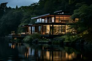 Nacht Aussicht von japanisch Haus durch das See mit Betrachtung. ai generiert Profi Foto