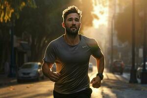 Laufen Mann Joggen auf Stadt Straße beim Sonnenaufgang. Sport Fitness Modell- kaukasisch ethnische Zugehörigkeit Ausbildung draussen. ai generiert Profi Foto