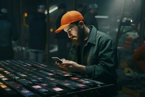 Techniker Arbeiten mit Handy, Mobiltelefon Telefon beim Nacht im das Fabrik. Technologie Konzept. ai generiert Profi Foto